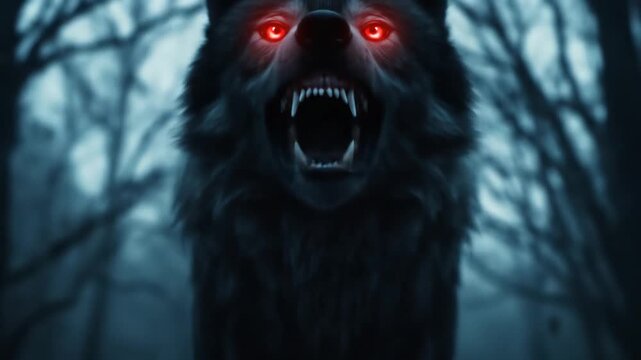 Aggressive Black Wolf with Glowing Red Eyes Barking in Dark Forest Scene