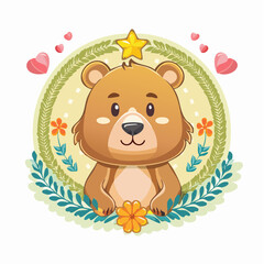 Adorable cartoon bear illustration with floral wreath and hearts a heartwarming scene