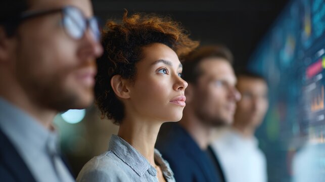 Visionary Ensemble: A determined team gazes towards a future, their faces illuminated with a shared sense of purpose and ambition, framed with soft focus.