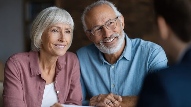 Senior Couple's Consultation: A composed senior couple engages in a financial or advisory discussion, reflecting trust and planning, a testament to experience and care.