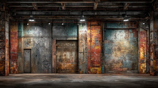 Interior view of an aged industrial space, featuring large textured metal doors