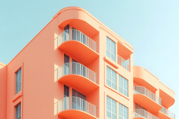 Peach art deco building with balconies, minimalist