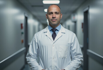Fototapeta premium Surgeon reviewing medical charts in a hospital corridor