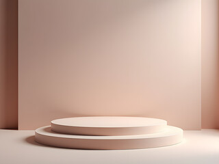A minimalist, two-tiered podium bathed in soft, neutral light, perfect for showcasing products or designs in a clean, elegant setting.