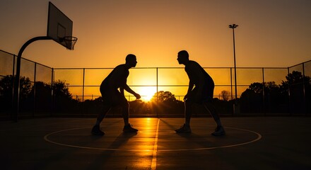 Basketball Showdown at Sunset: Silhouette of two determined basketball players engaged in a dynamic game, set against the breathtaking backdrop of a setting sun, with the warmth of the golden hour.