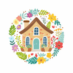 Charming cottage illustration surrounded by a whimsical wreath of colorful flowers and foliage