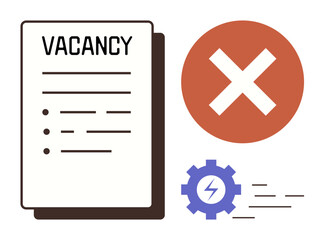Obraz premium Job application document with bullet points, bold vacancy text, red cross marker for rejection, purple gear with lightning for efficiency. Ideal for recruitment, job market, rejection, hiring