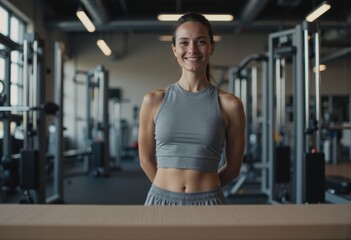 Physical therapist smiling while preparing exercise equipment in a gym