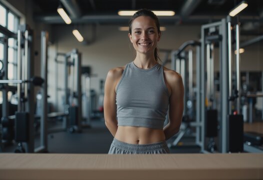 Physical therapist smiling while preparing exercise equipment in a gym