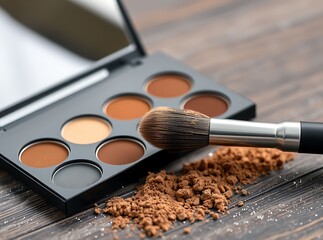 Makeup Palette on Wooden Surface: A close-up shot showcasing an open makeup palette alongside a brush and a scattering of powder, all elegantly arranged on a textured wooden surface.