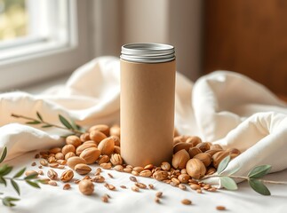 Nutritious Delight: A visually appealing, studio shot showcasing a cylindrical container surrounded by a mix of nutritious almonds and pistachios. Perfect for illustrating health and wellness.