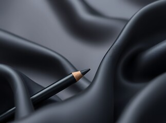 Elegant Beauty in Silken Texture: A dark eyeliner pencil rests delicately on a surface of smooth, flowing, and draped satin, evoking a sense of luxury and beauty.