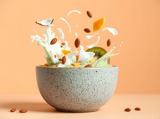Burst of Flavors: An overhead perspective of a ceramic bowl filled with a vibrant smoothie, ingredients in mid-air, a delicious dance of fruits and textures, a celebration of freshness, healthy food