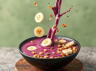 Vibrant Acai Bowl: A fresh, vibrant acai bowl is artfully arranged with sliced bananas and crunchy granola against a blurred background, embodying health and nutrition.