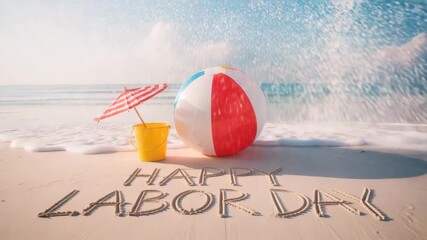 Happy labor day beach vacation with sand bucket and ball summer holiday ocean view