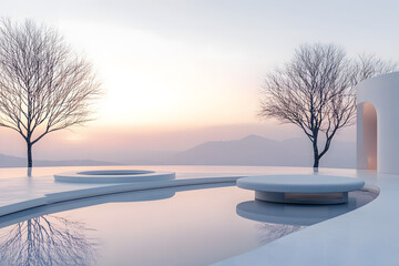 Minimalist oasis: tranquil water feature at sunset