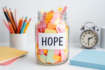 Glass jar labeled hope filled with colorful paper slips on a white desk with pencils and clock