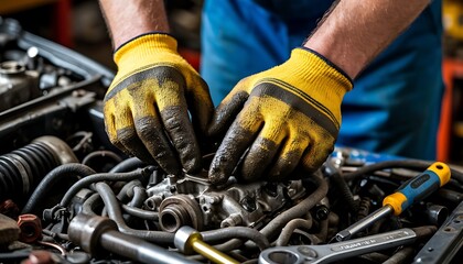 Auto mechanic repairing a car engine in a workshop, focusing on skilled hands working with tools and equipment in a close-up view