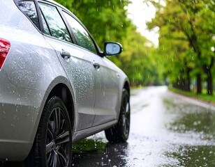 Rain-slicked car on wet road