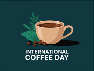 International Coffee Day Vector Illustration with Coffee Cup, Leaves, and Beans on Dark Background