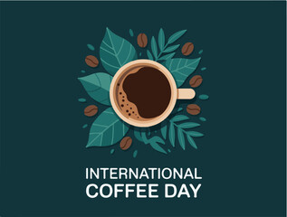International Coffee Day Vector Illustration with Coffee Cup, Leaves, and Beans on Dark Background