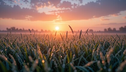 Sunrise over a dewy field of grass.