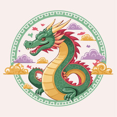 Illustrative depiction of a green and yellow mythical dragon within a decorative circle frame