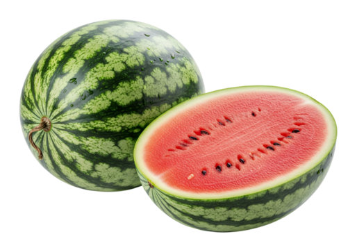 One whole watermelon and one half of a watermelon, white background isolated