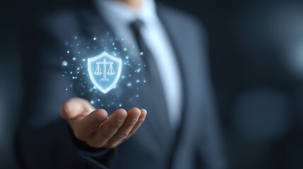 Legal Shield: A professional, in a formal suit, extends their hand to display a digital icon of a shield, showcasing concepts of law and justice within a technological and futuristic realm.