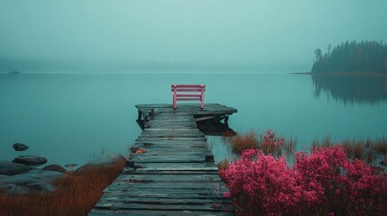 Solitary pink dock stretching into foggy teal lak