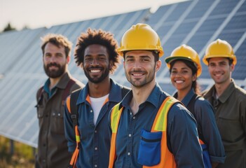 Renewable energy technicians smiling in front of solar panels in the field