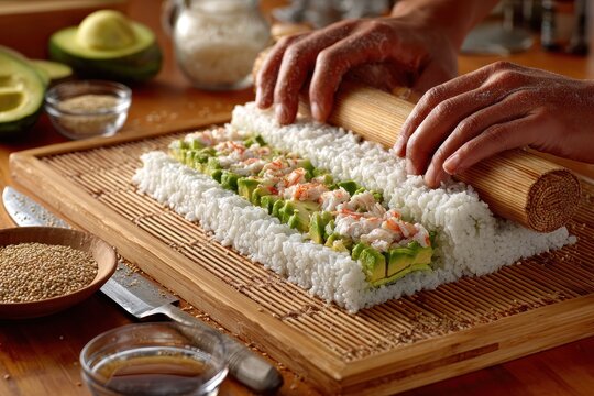 Sushi Preparation with Hands Rolling Fresh Ingredients on Bamboo Mat