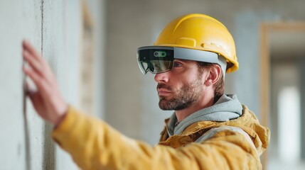 Augmented Reality in Construction: An architect wearing augmented reality glasses and a hard hat examines a wall during a building inspection.