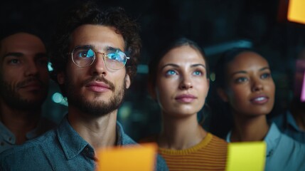 Obraz premium Visionary Team: A focused group of professionals collaborate in a dim, inspiring workspace, with a hopeful focus