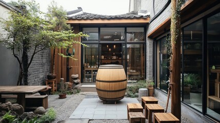 Naklejka premium Charming courtyard cafe in traditional Chinese architecture