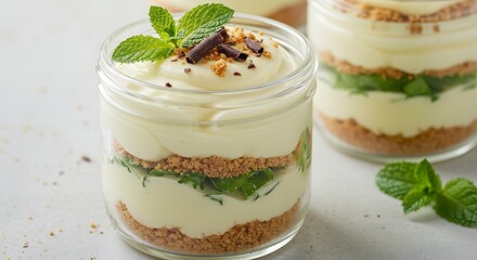 Refreshing Dessert Delight: A close-up shot captures an exquisite dessert, layered within a transparent jar and garnished with a sprig of fresh mint. It's a visual treat.