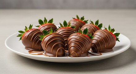 Chocolate-Covered Strawberry Delight: A mouthwatering display of fresh strawberries enrobed in rich, decadent chocolate, artfully arranged on a pristine plate, an indulgent treat for any occasion.