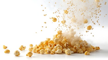 A pile of popcorn with some pieces floating in the air above it