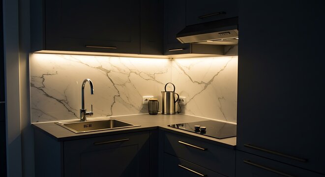 Tiny kitchen with under cabinet LED strip lighting 