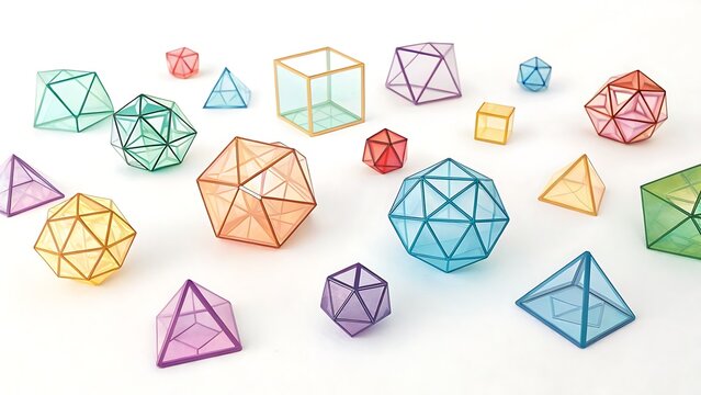Assorted colorful geometric shapes on a white surface display