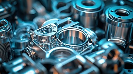 Close up of metal auto parts for car engine