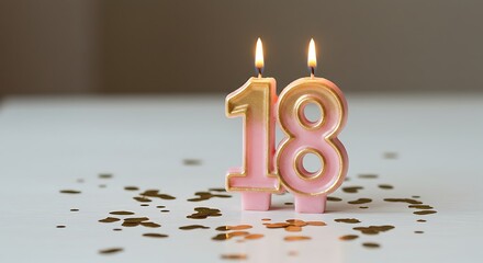 Eighteen candles with Gold Confetti: Two glowing candles with the numbers 18 illuminate a celebration. The image features a white surface, surrounded by gold confetti.