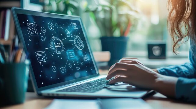 E-learning education, internet lessons and online webinar. Person who attends online lessons on a digital screen.Education