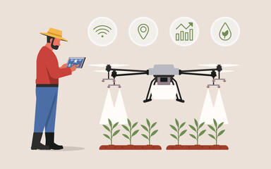 Farmer using tablet to control drone spraying fertilizer in smart agriculture field. Technology and data monitoring in precision farming system. Flat vector illustration.