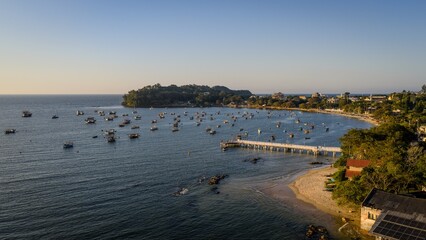 Aerial view of Praia do Trapiche with fishing boats and lush coastline in Penha, Santa Catarina, Brazil.