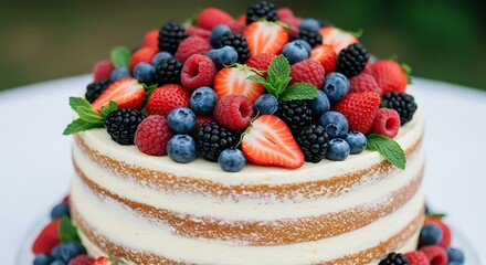 Berry Bliss Cake: A delightful, multi-layered cake, generously adorned with fresh, vibrant berries, making an irresistibly mouthwatering treat. 