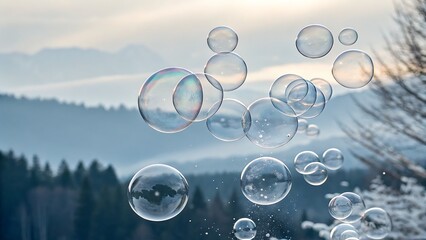 A group of soap bubbles floating in the air on a winter day