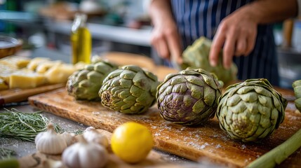 Fresh Artichokes on Wooden Board with Chef Preparing Ingredients