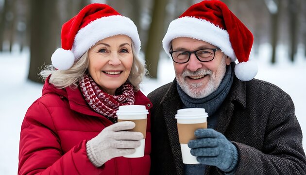 Smiling senior couple wearing santa hats holding disposable coffee cups enjoying winter holidays in snowy forest