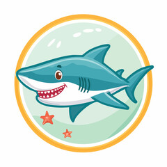 Fototapeta premium Adorable cartoon shark character swimming cheerfully inside a circular frame design